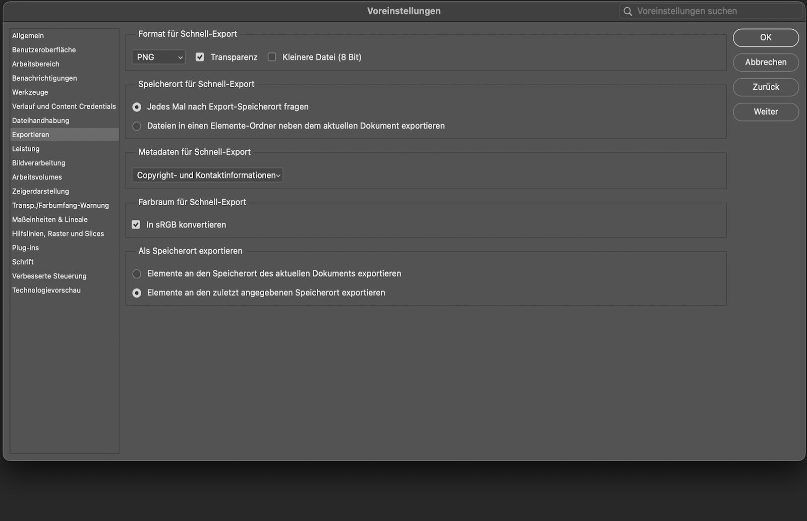 Einstellungen-Dialogfeld ist geöffnet mit ausgewähltem Export-Bedienfeld, das Optionen für Schnell-Export-Format, Speicherort, Metadaten, Farbraum und „Alte ‚Exportieren als‘ verwenden“-Umschalter anzeigt.
