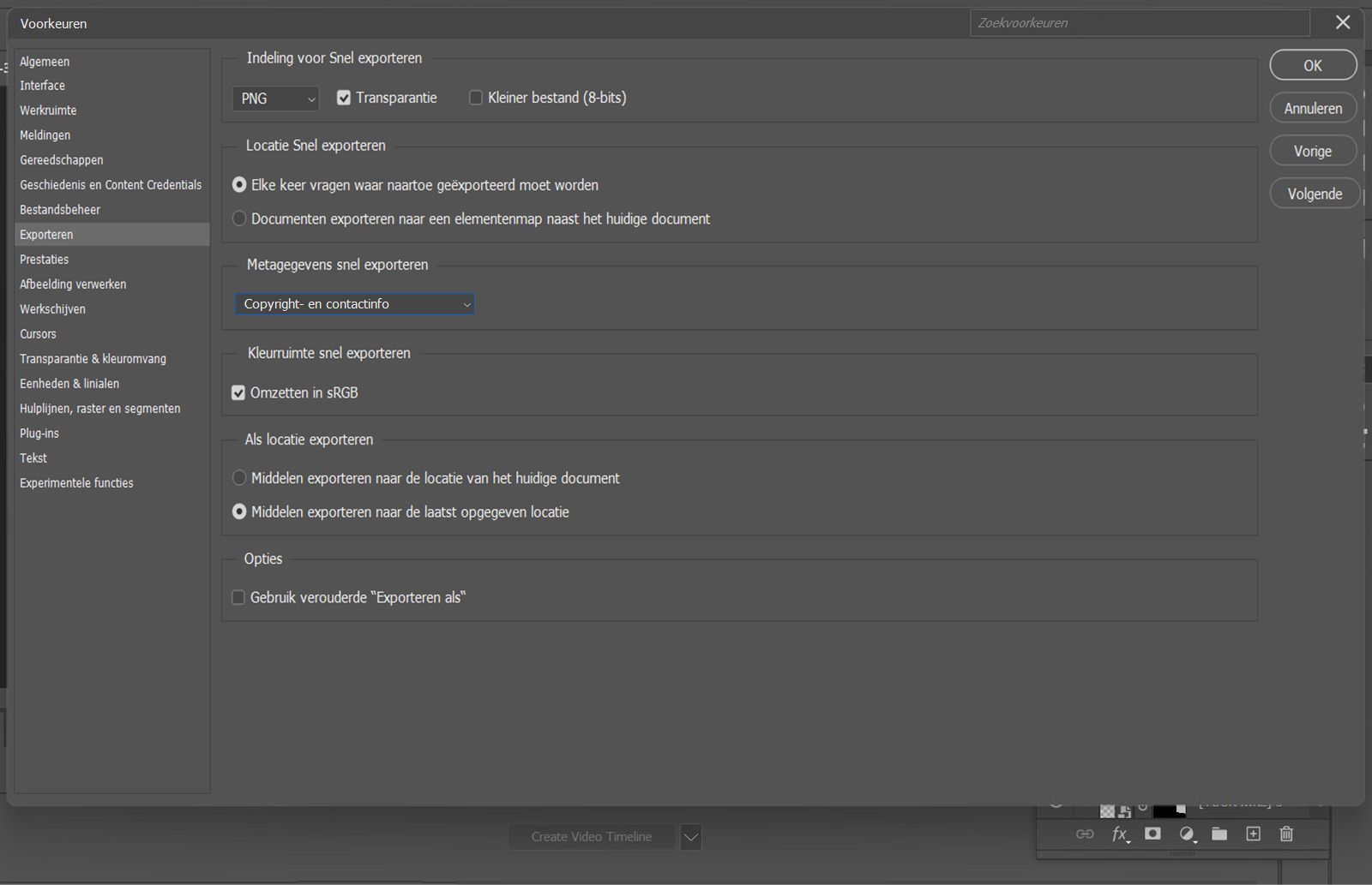 Het dialoogvenster Voorkeuren is geopend met het paneel Exporteren geselecteerd, met opties voor Snel exporteren-formaat, opslaglocatie, metadata, kleurruimte en de schakelaar voor Gebruik verouderd Exporteren als.