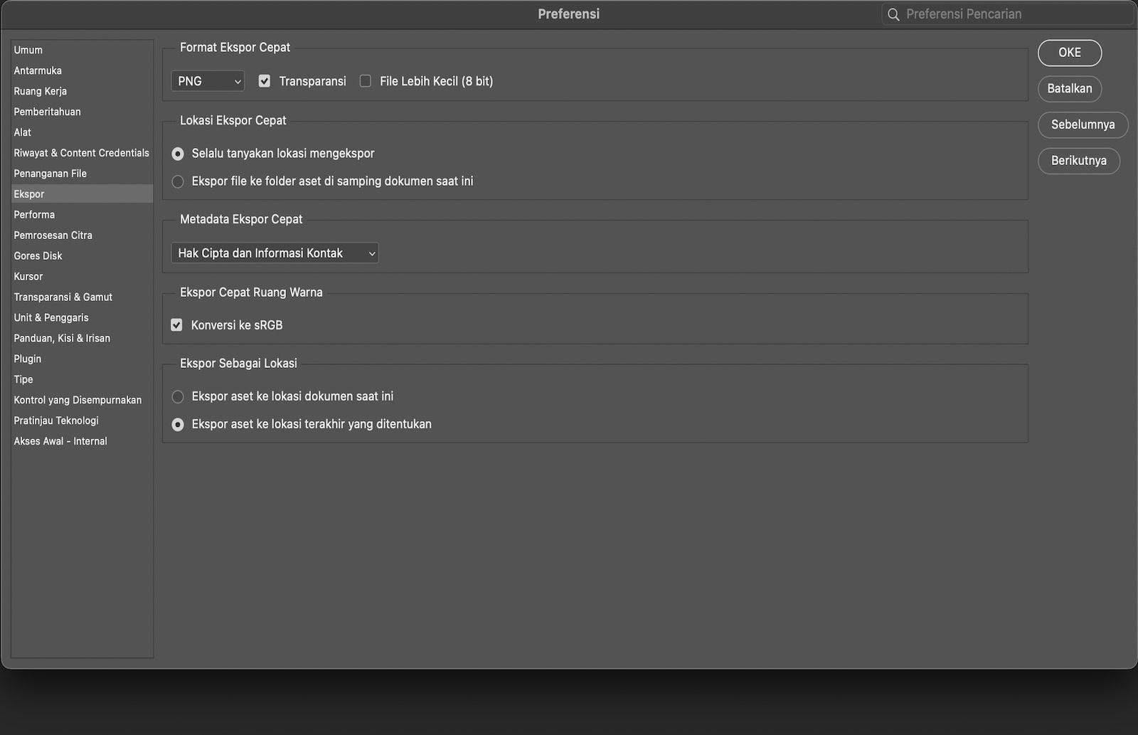 Kotak dialog Preferensi terbuka dengan panel Ekspor yang dipilih, menampilkan opsi untuk format Ekspor Cepat, lokasi penyimpanan, metadata, ruang warna, dan beralih Gunakan Ekspor Sebagai versi lama.
