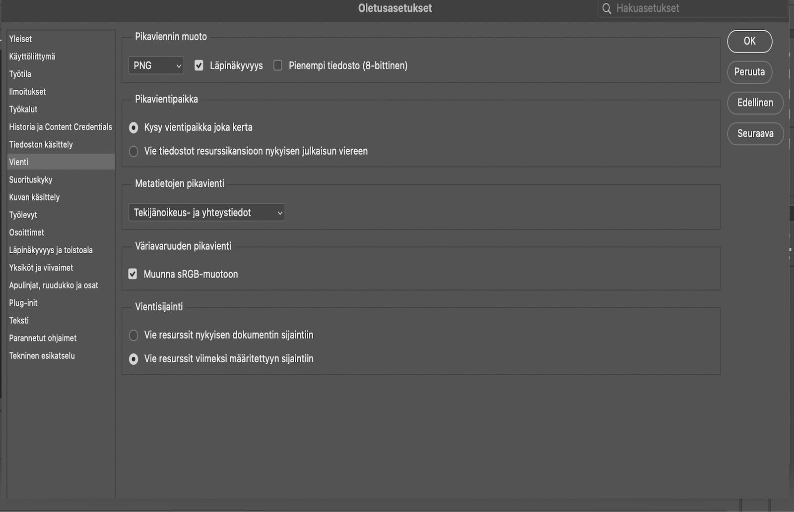 Avoimen Oletusasetukset-valintaikkunan Vie-paneeli on valittu. Paneelissa näkyy vaihtoehtoja, joilla voi määrittää pikaviennin tiedostomuodon, tallennussijainnin, metatiedot, väriavaruuden ja vanhan Vie muodossa -toiminnon käyttötilan.