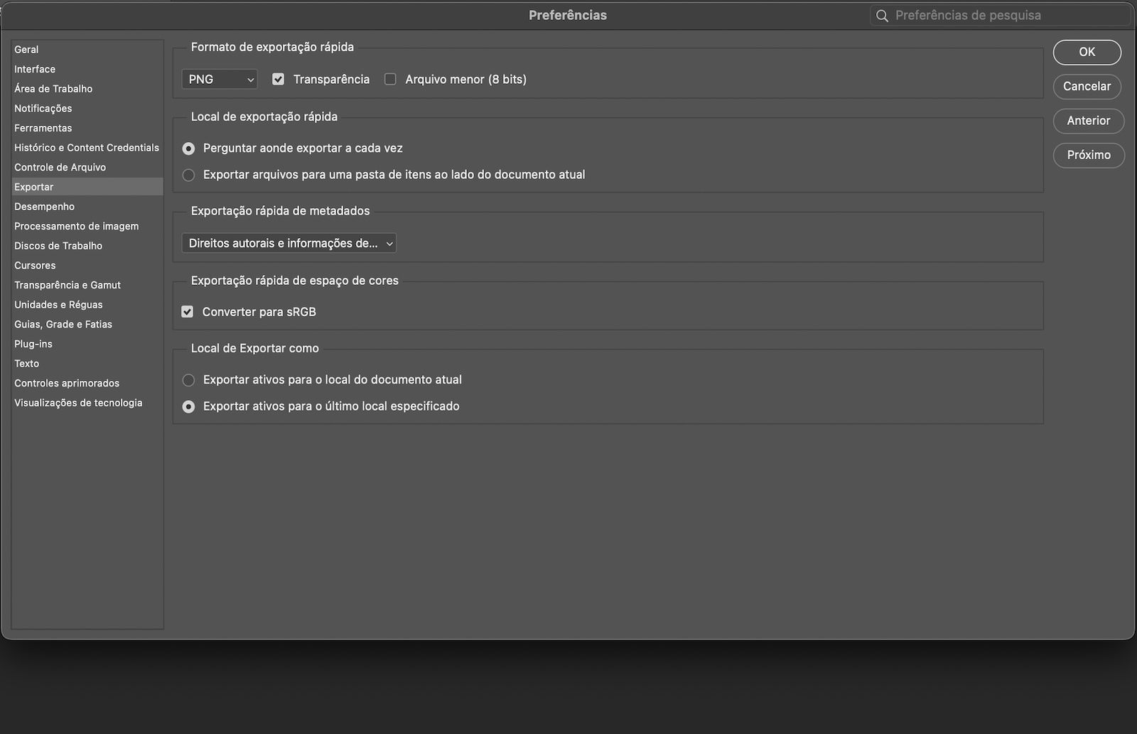 A caixa de diálogo Preferências está aberta com o painel Exportar selecionado, mostrando opções para formato de Exportação rápida, local de salvamento, metadados, espaço de cor e a alternância Usar &quot;Exportar como&quot; legado.
