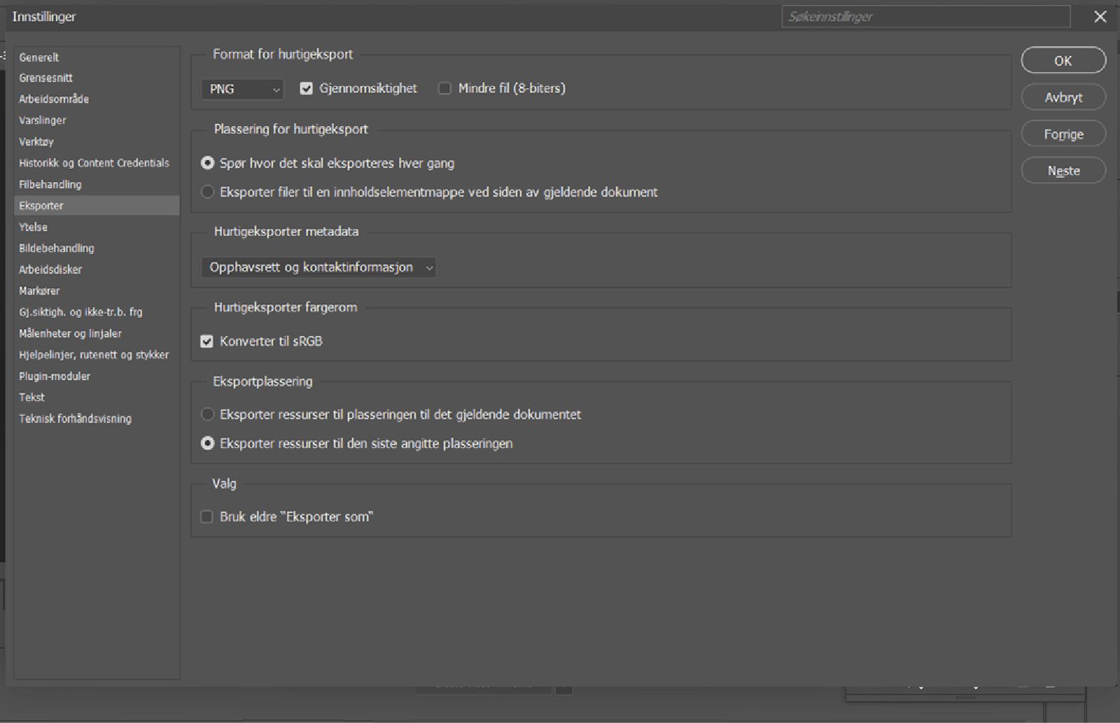 Innstillinger-dialogboksen er åpen med Eksporter-panelet valgt, som viser alternativer for Hurtigeksport-format, lagringsplassering, metadata, fargerom og bryteren for å bruke eldre Eksporter som.