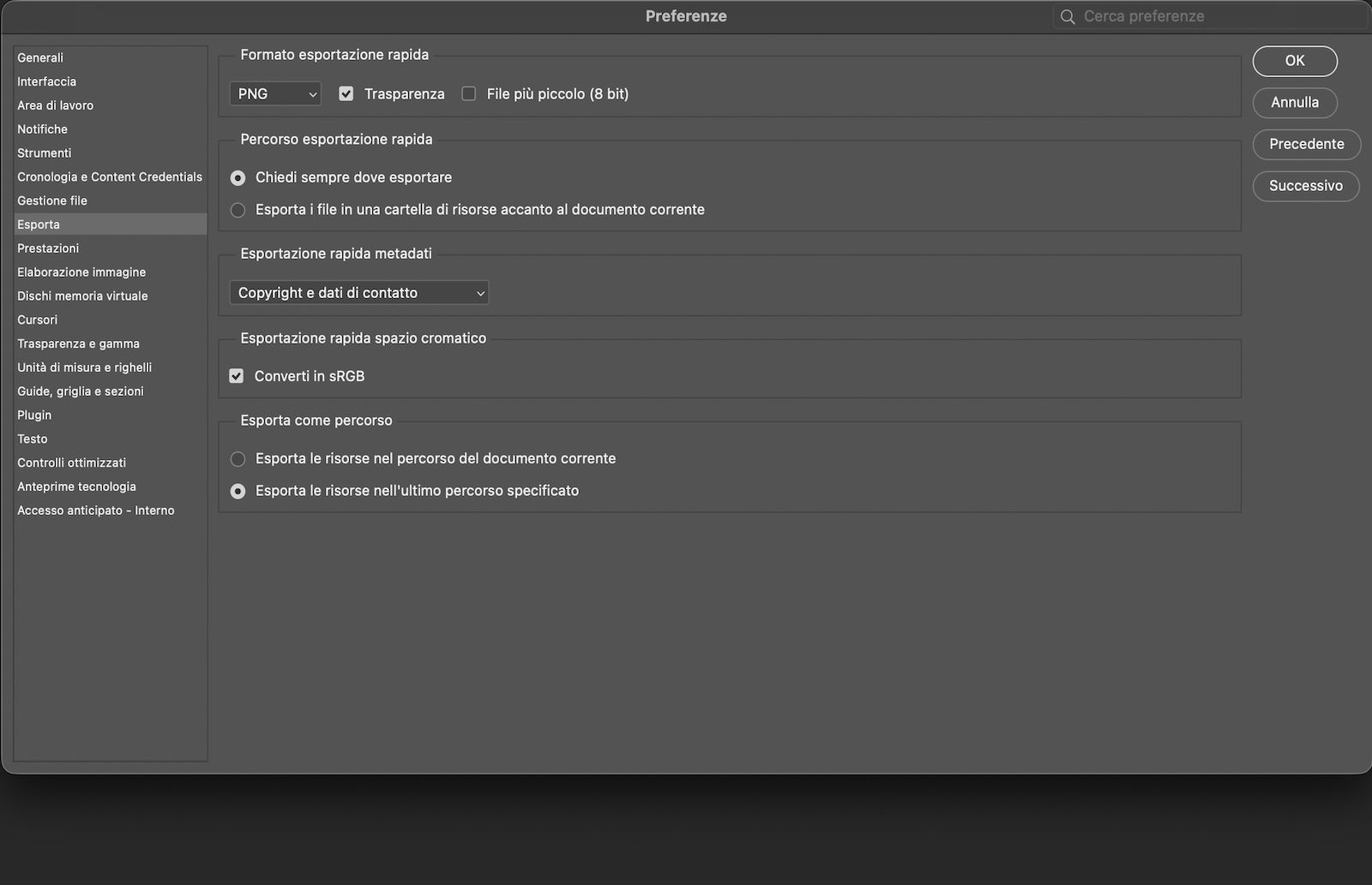 La finestra di dialogo Preferences è aperta con il pannello Export selezionato, che mostra le opzioni per il formato Quick Export, la posizione di salvataggio, i metadati, lo spazio cromatico e l'interruttore Use legacy Export As.