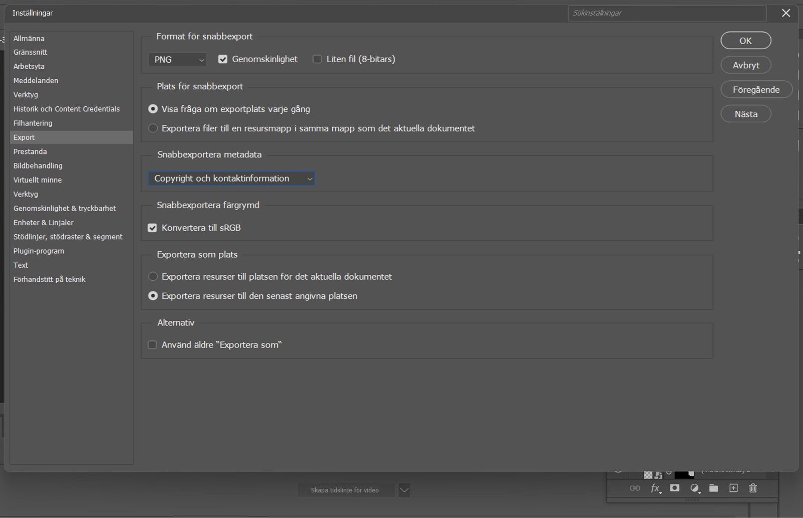 Dialogrutan Inställningar är öppen med Export panel vald, som visar alternativ för Quick Export-format, sparplats, metadata, färgmodell och växling för Use legacy Export As.