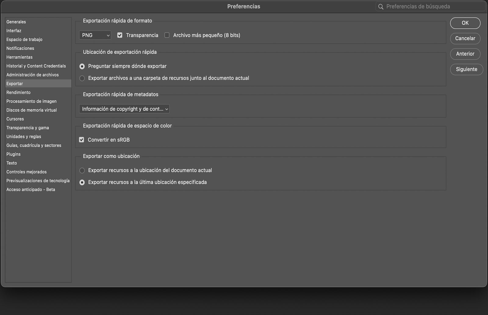 El cuadro de diálogo Preferencias está abierto con el panel Exportación seleccionado, mostrando opciones para el formato de Exportación rápida, ubicación de guardado, metadatos, espacio de color y el interruptor Usar Exportar como heredado.