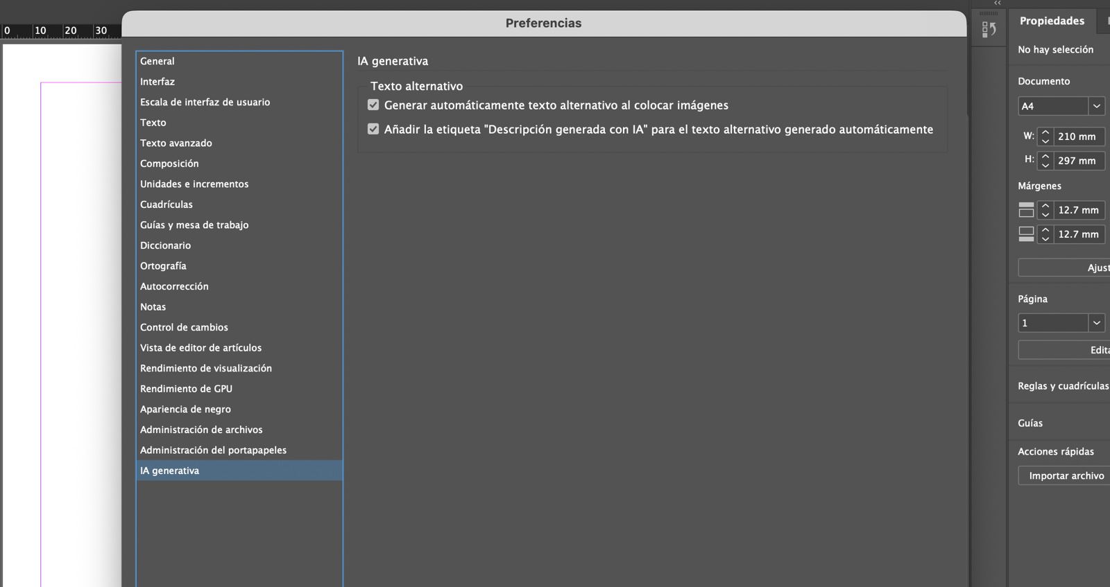Cuadro de diálogo Preferencias con opciones de IA generativa para conmutar la generación automática de texto alternativo y etiquetas de descripción de IA.