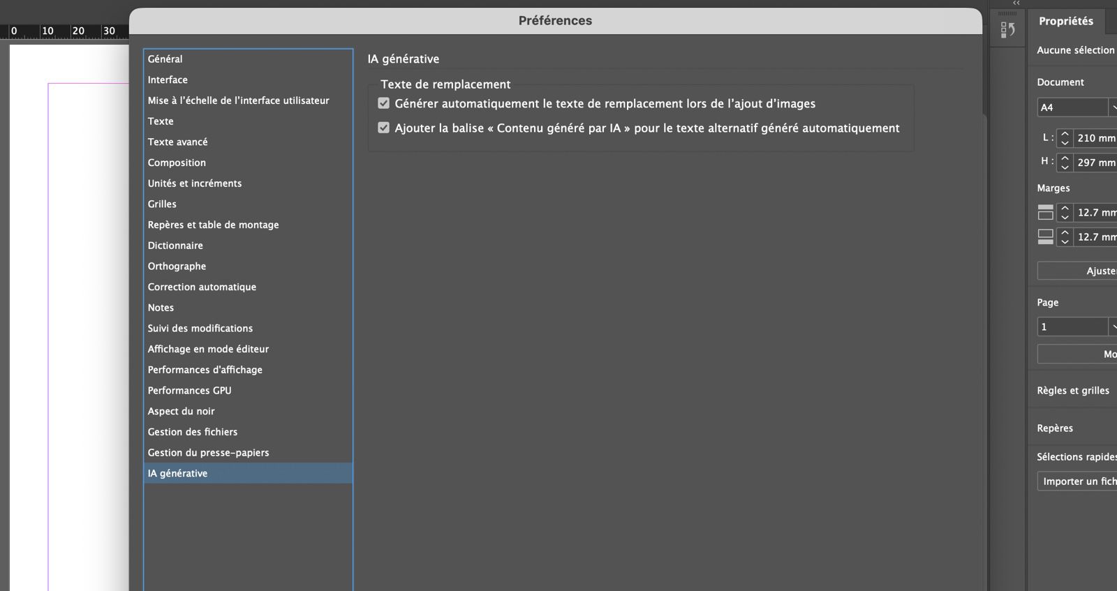 Boîte de dialogue Préférences avec les options d’IA générative pour activer/désactiver la génération automatique de texte alternatif et les balises de description IA.