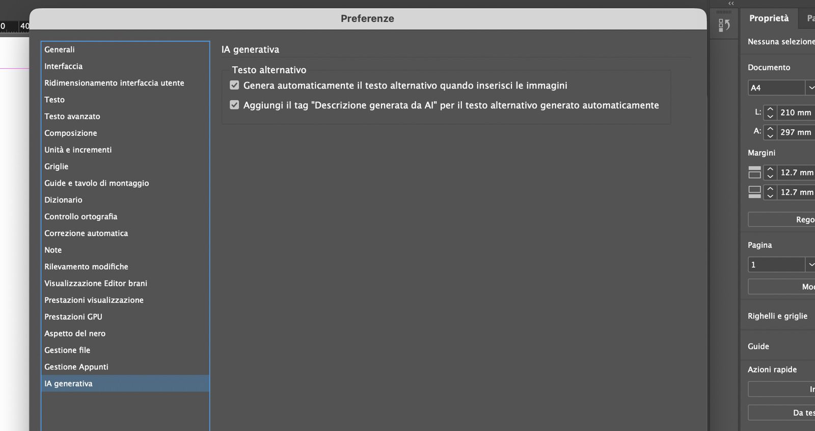 Finestra di dialogo Preferenze con opzioni di IA generativa per attivare/disattivare la generazione automatica del testo alternativo e i tag di descrizione IA.