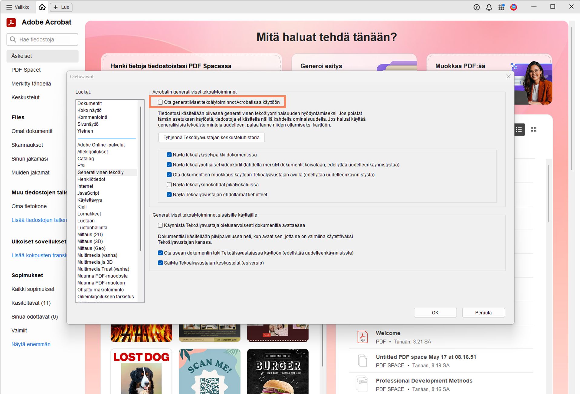 Asetukset-valintaikkuna Adobe Acrobatissa, jossa generatiivinen tekoäly -ominaisuudet on otettu käyttöön. Mukana ovat Tekoälyavustajan vaihtoehdot, asiakirjoja koskevien kysymysten esittäminen, älykkäät ehdotukset ja avustajan keskusteluasetukset.