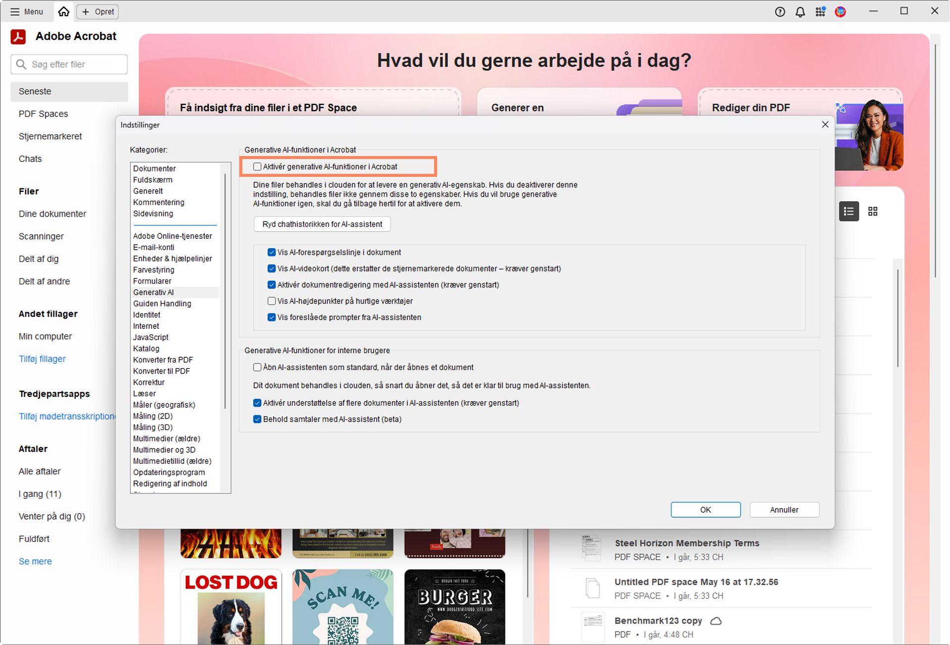 Dialogboksen Præferencer i Adobe Acrobat viser aktiverede funktioner til generativ AI, herunder indstillinger for AI-assistent, mulighed for at stille spørgsmål om dokumenter, smarte forslag og indstillinger for assistentsamtaler.