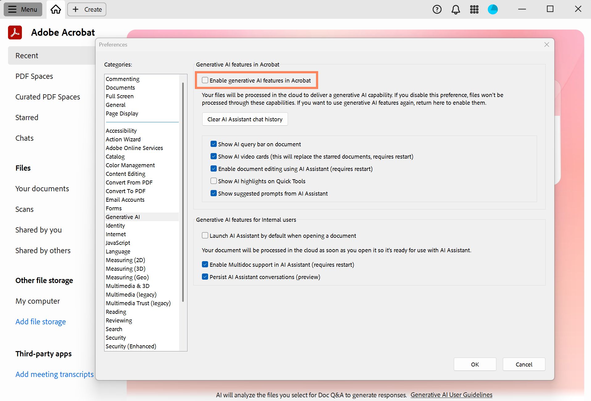 Preferences dialog sa Adobe Acrobat na nagpapakita ng mga pinaganang Generative AI feature, kasama ang mga opsyon para sa AI Assistant, pagtatanong tungkol sa mga dokumento, matatalinong mungkahi, at mga setting ng Assistant conversation.