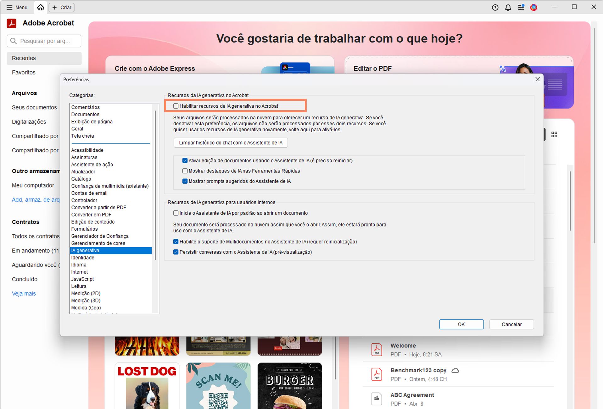 Caixa de diálogo Preferências no Adobe Acrobat mostrando recursos de IA generativa ativados, incluindo opções para Assistente de IA, fazer perguntas sobre documentos, sugestões inteligentes e configurações de conversa do Assistente.