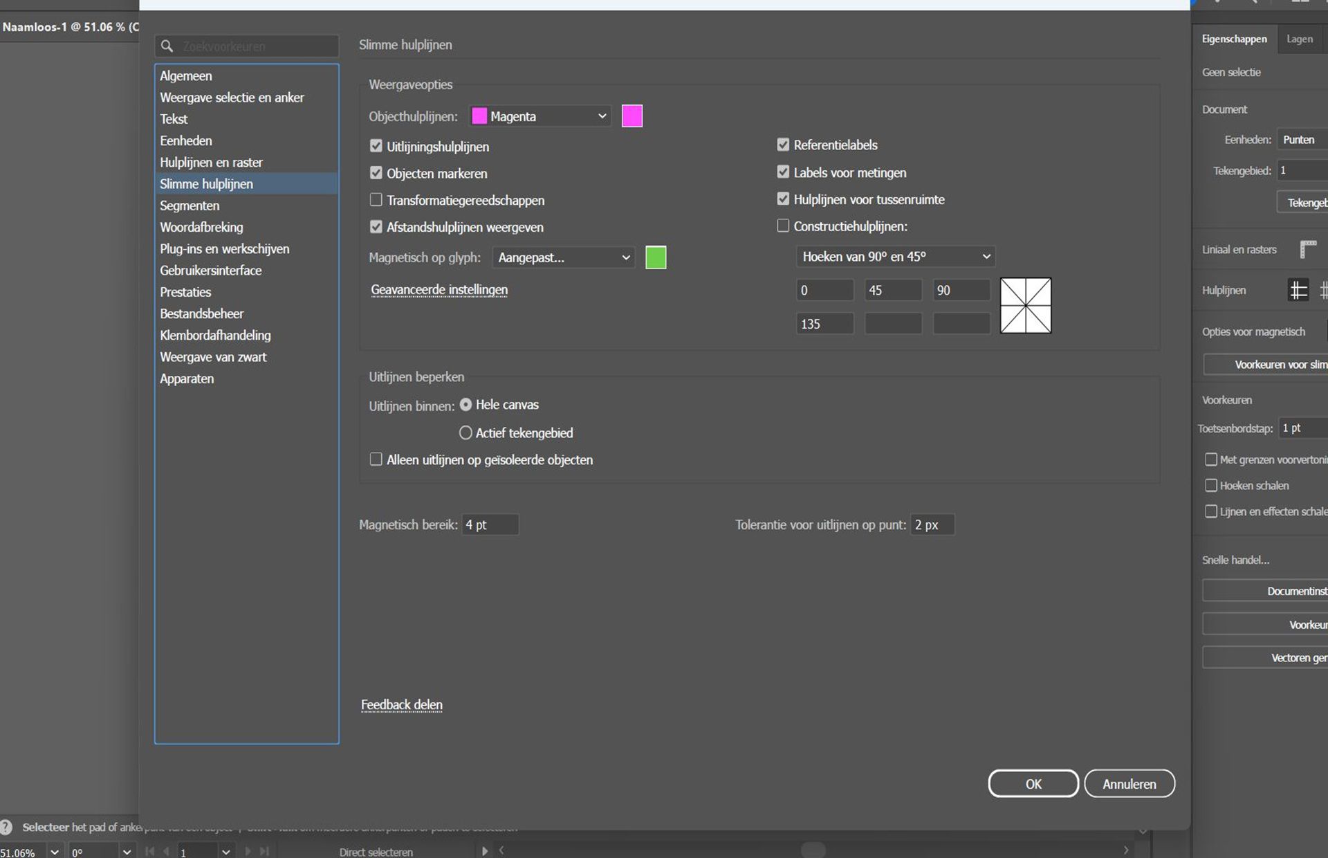 Het dialoogvenster Voorkeuren met het tabblad Slimme hulplijnen geselecteerd.