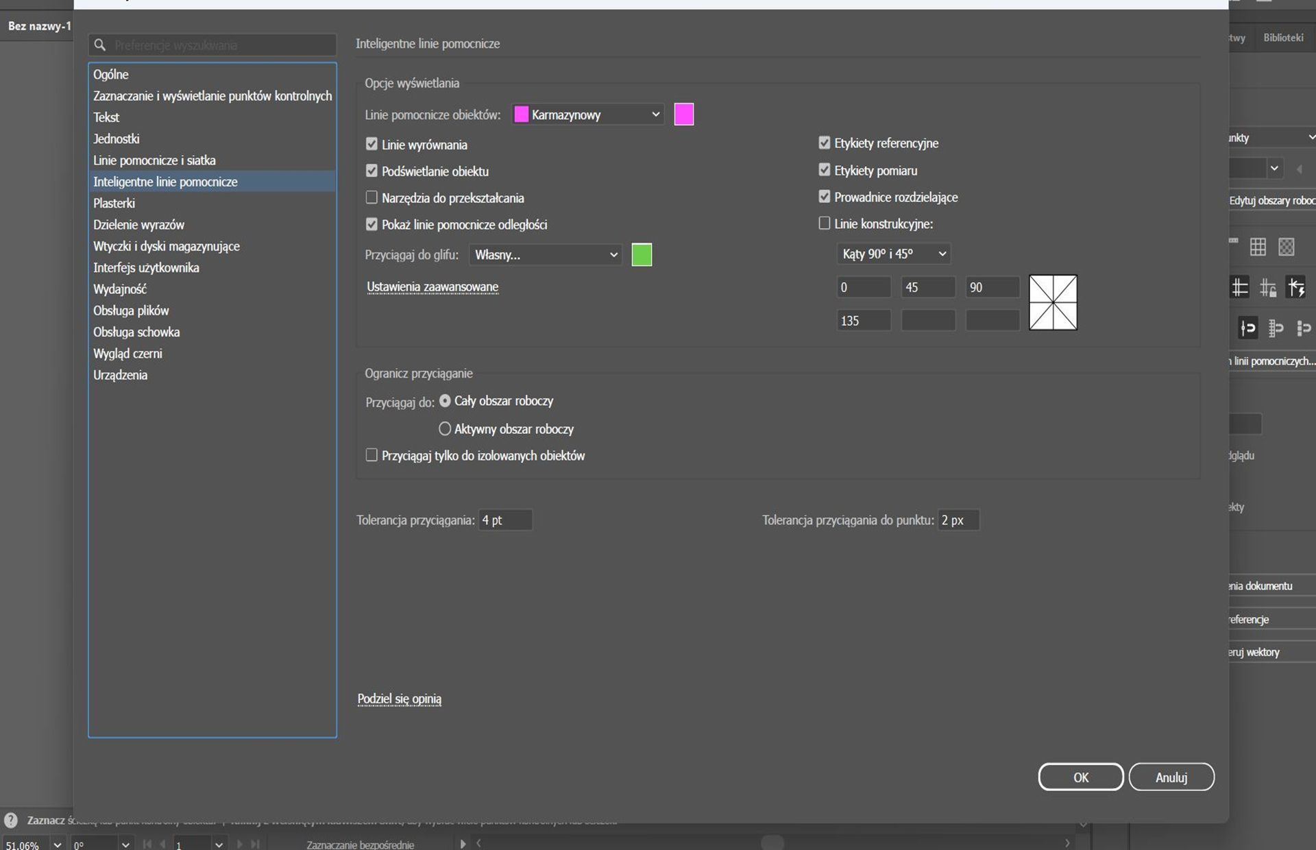 Okno dialogowe Preferencje z wybraną kartą Inteligentne linie pomocnicze.