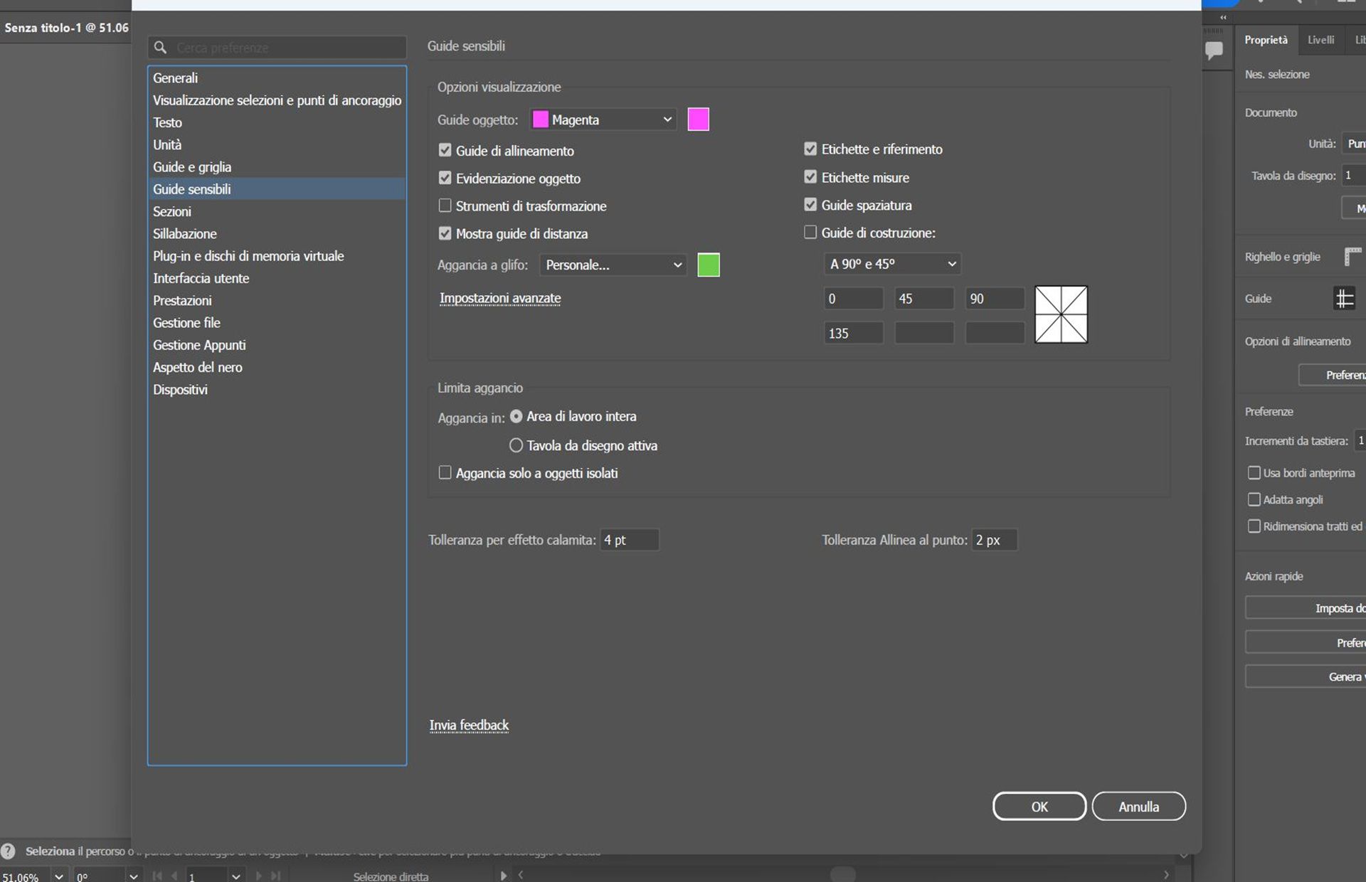 La finestra di dialogo Preferenze con la scheda Guide sensibili selezionata.