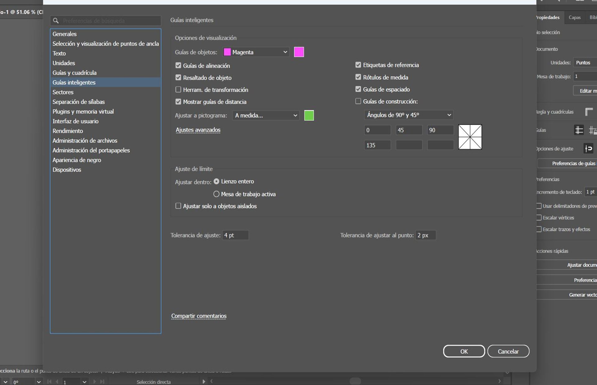 El cuadro de diálogo Preferencias con la pestaña Guías inteligentes seleccionada.
