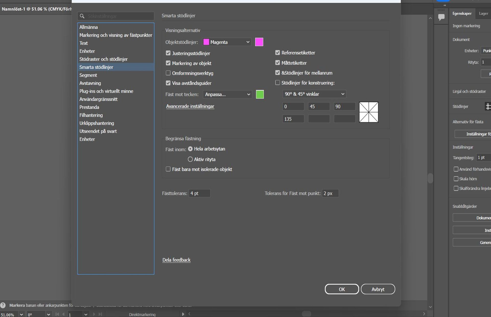 Inställningsdialogrutan med fliken Smarta stödlinjer vald.