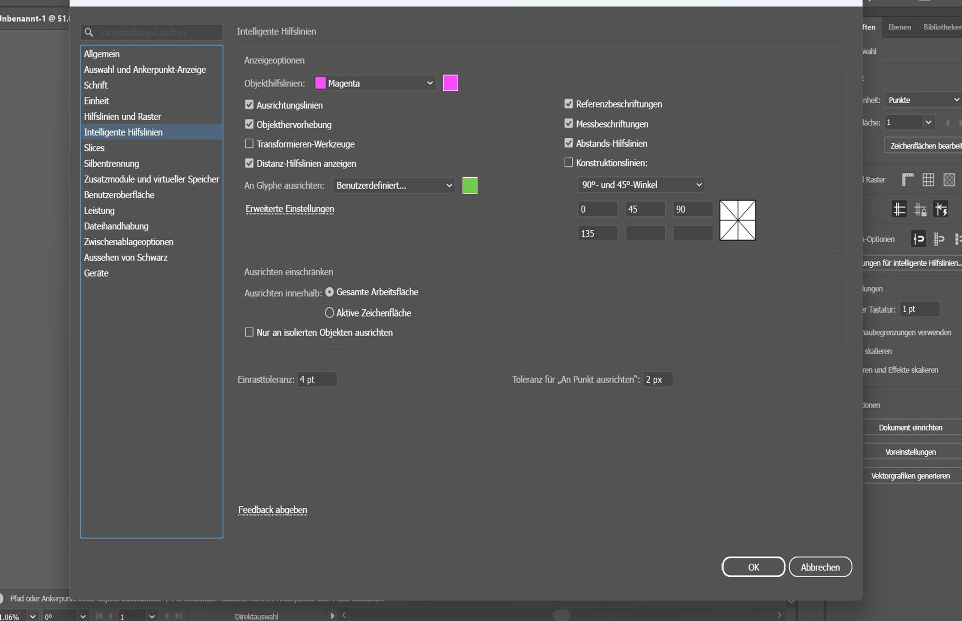Das Dialogfeld „Voreinstellungen&quot; mit ausgewählter Registerkarte „Intelligente Hilfslinien&quot;.