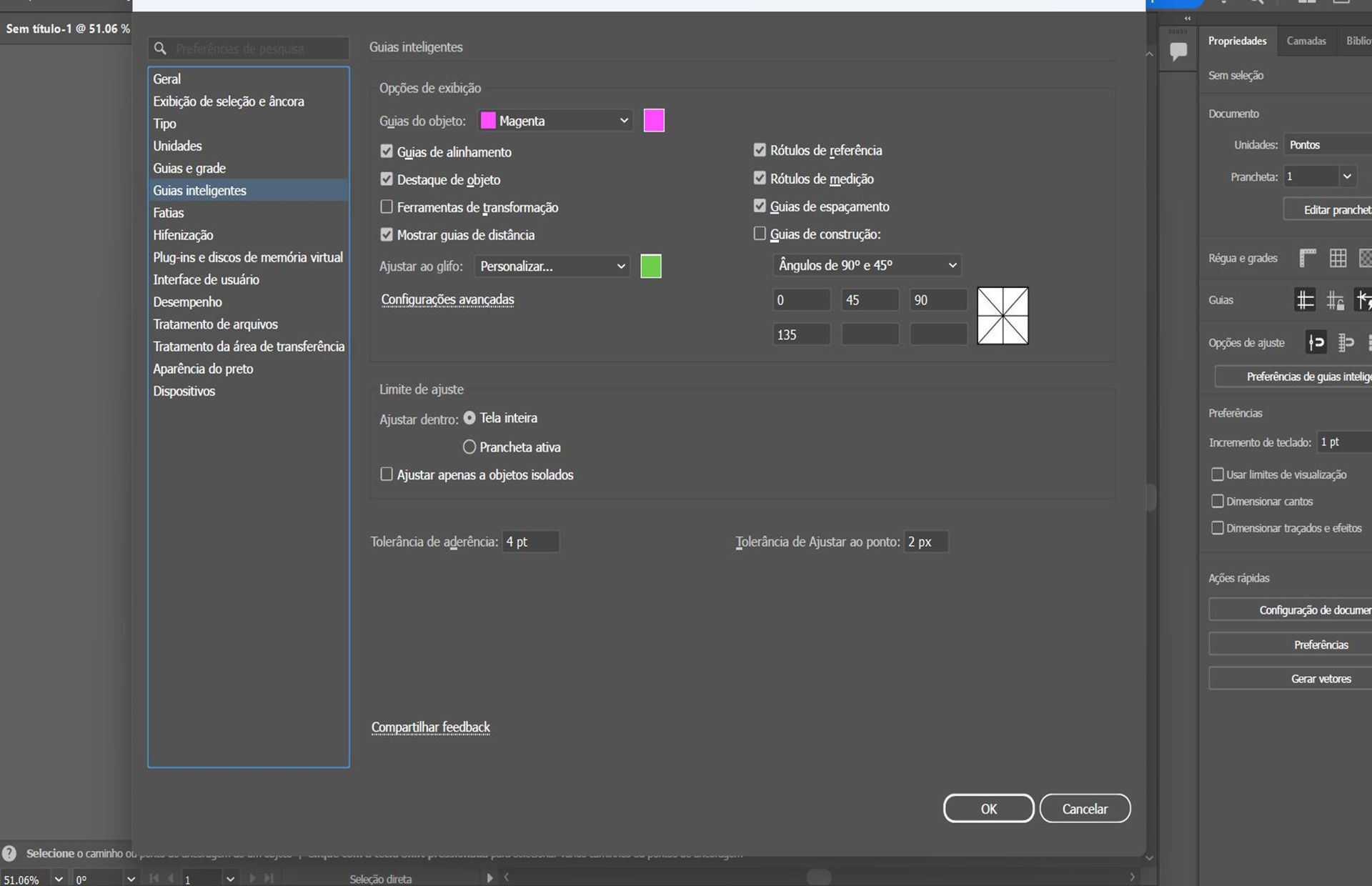 A caixa de diálogo Preferências com a aba Guias inteligentes selecionada.