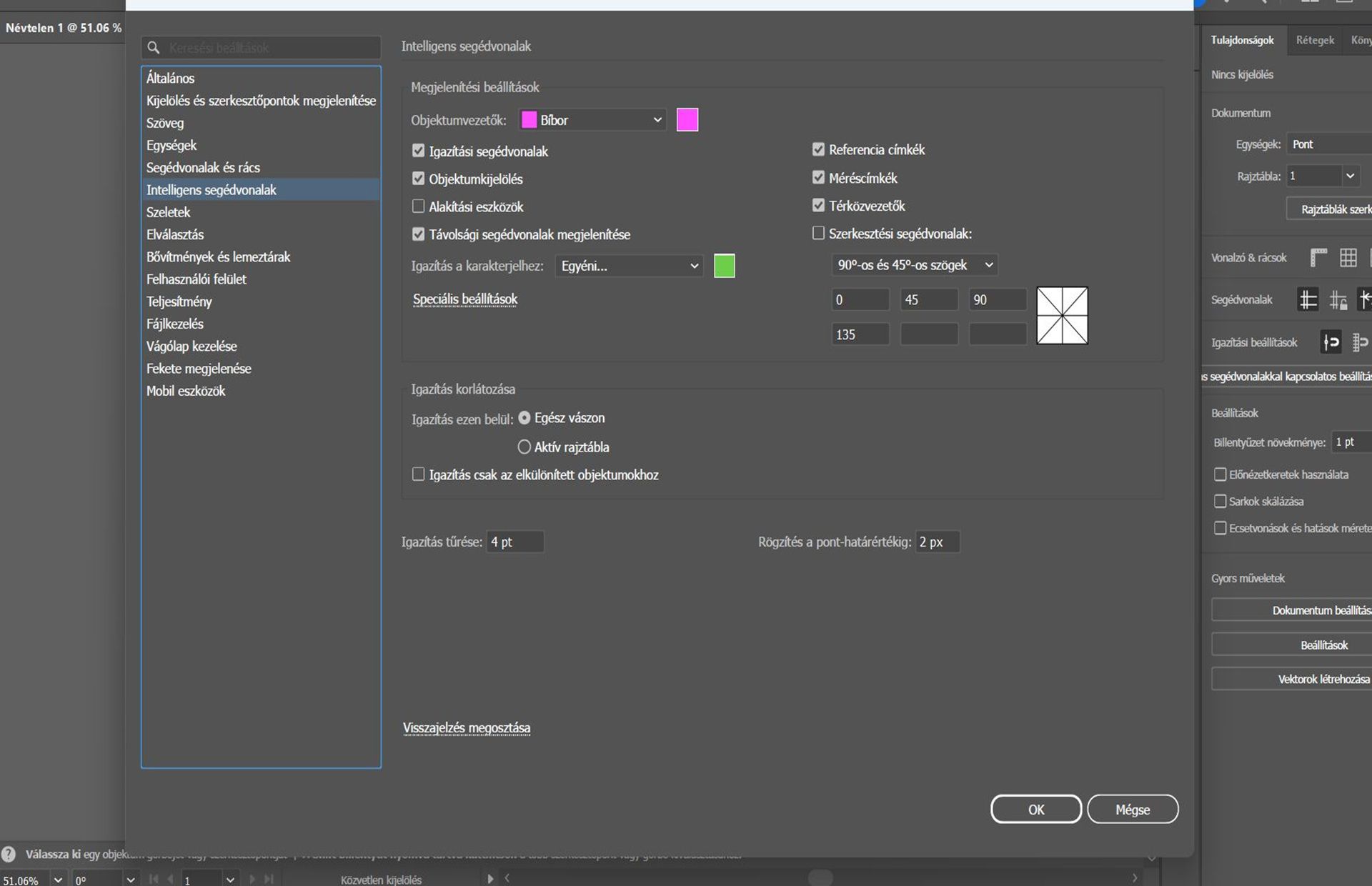 A Beállítások párbeszédpanel a kiválasztott Intelligens segédvonalak füllel.