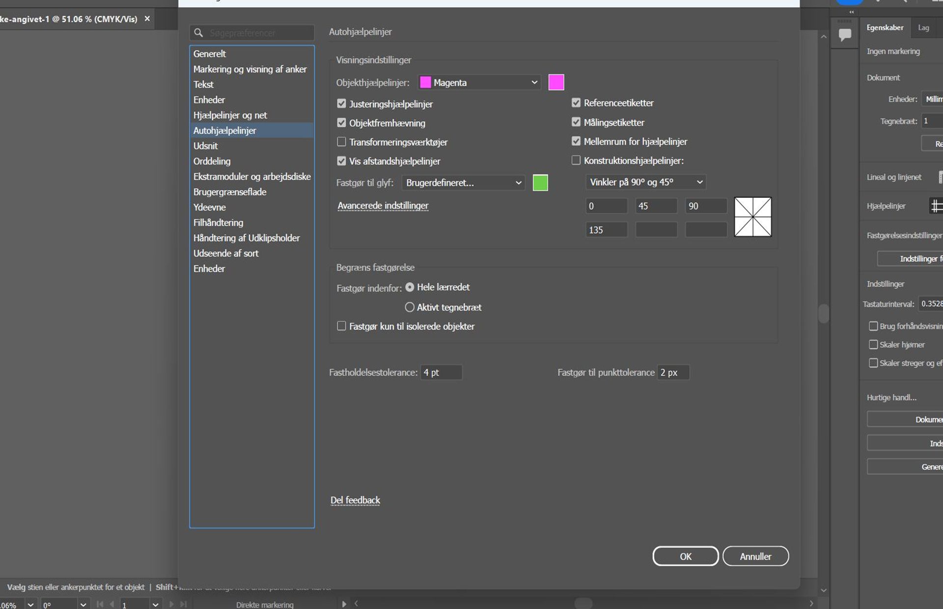 Dialogboksen Indstillinger med fanen Autohjælpelinjer valgt.