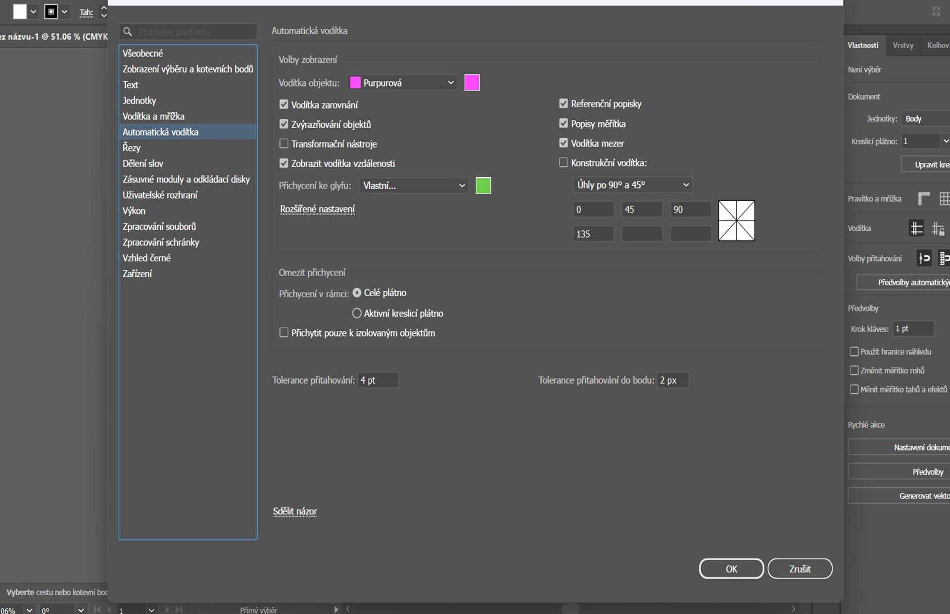 Dialogové okno Předvolby s vybranou kartou Automatická vodítka.