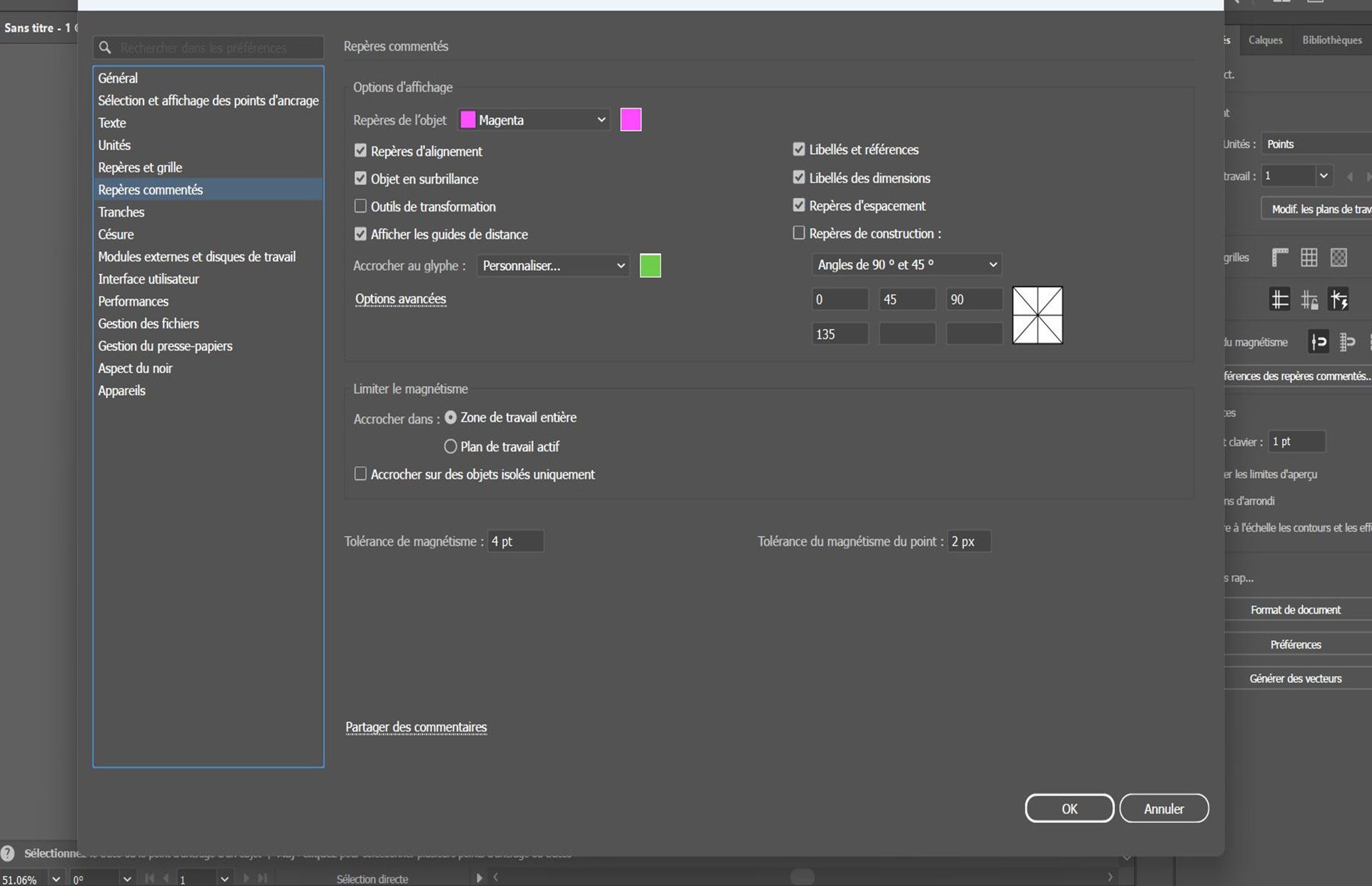 La boîte de dialogue Préférences est affichée et l’onglet Repères commentés y est sélectionné.