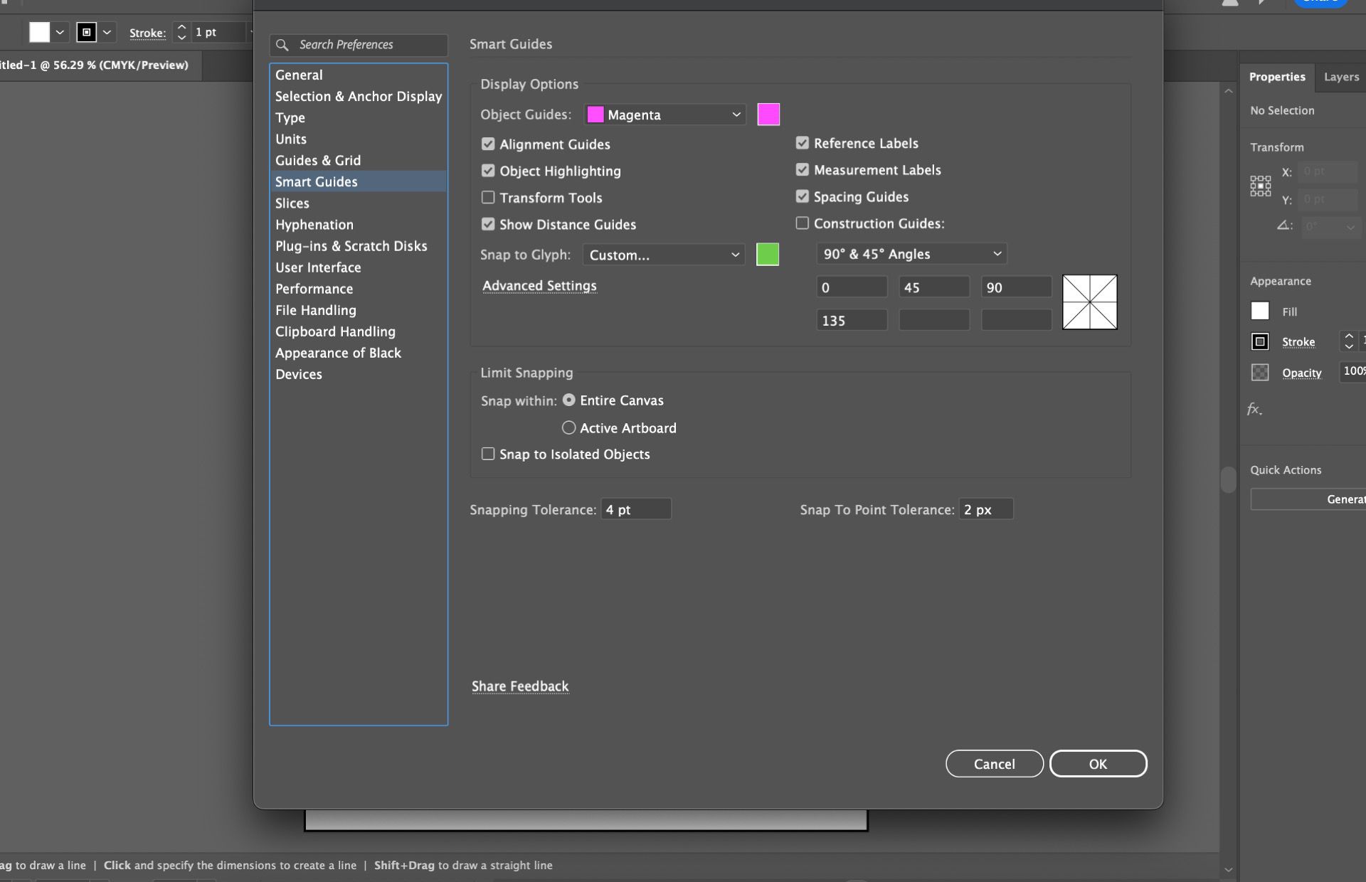The Preferences dialog box with the Smart Guides tab selected.