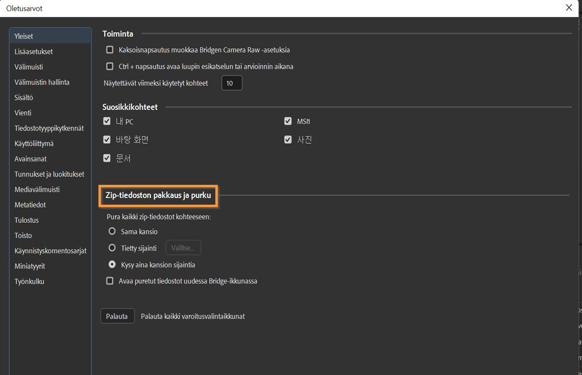 Zip-tiedostojen pakkaus- ja purkuasetuksia muutetaan yleisistä asetuksista. 