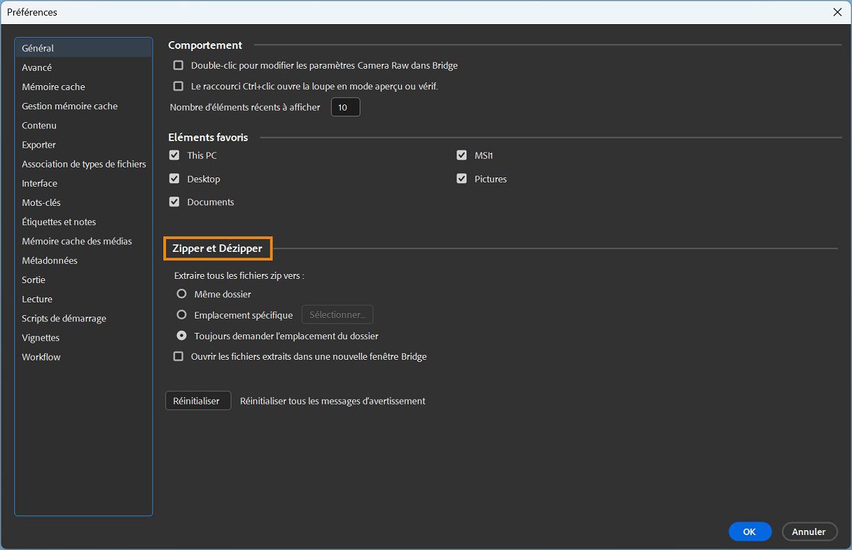 Modifiez les paramètres de compression et d’extraction dans les préférences générales. 