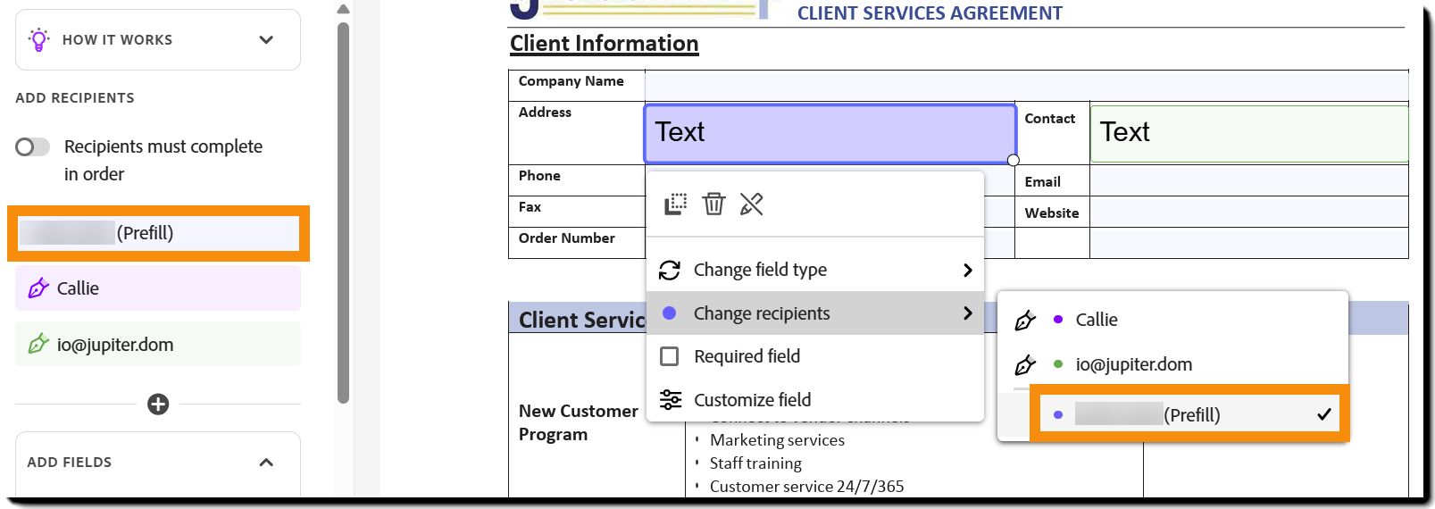 Redigeringsmiljøet for Acrobat Pro med forhåndsutfylling-feltet uthevet.