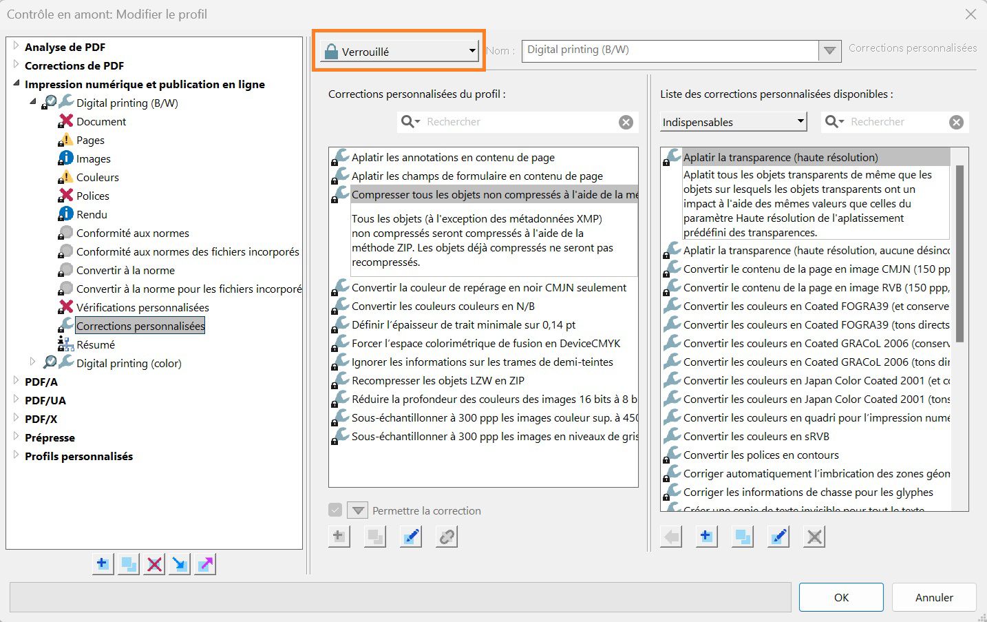 La boîte de dialogue Contrôle en amont pour modifier le profil s’affiche