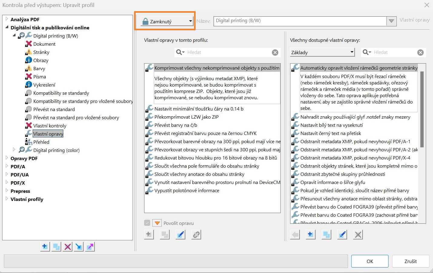 Zobrazí se dialogové okno Kontrola před výstupem – Úprava profilu