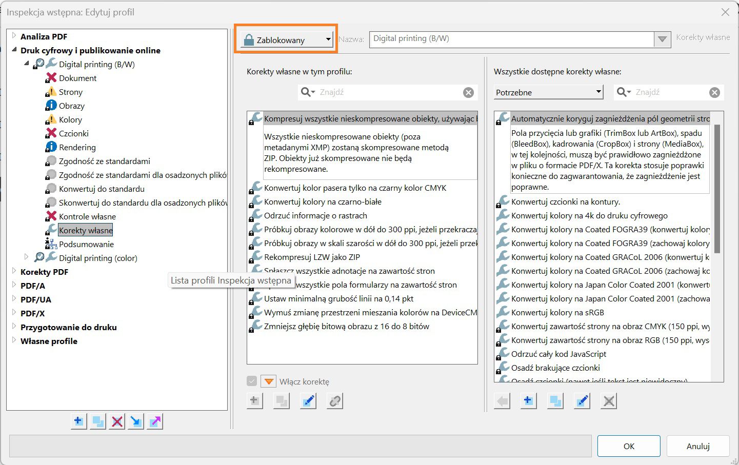 Zostanie wyświetlone okno dialogowe Inspekcja wstępna w celu edycji profilu