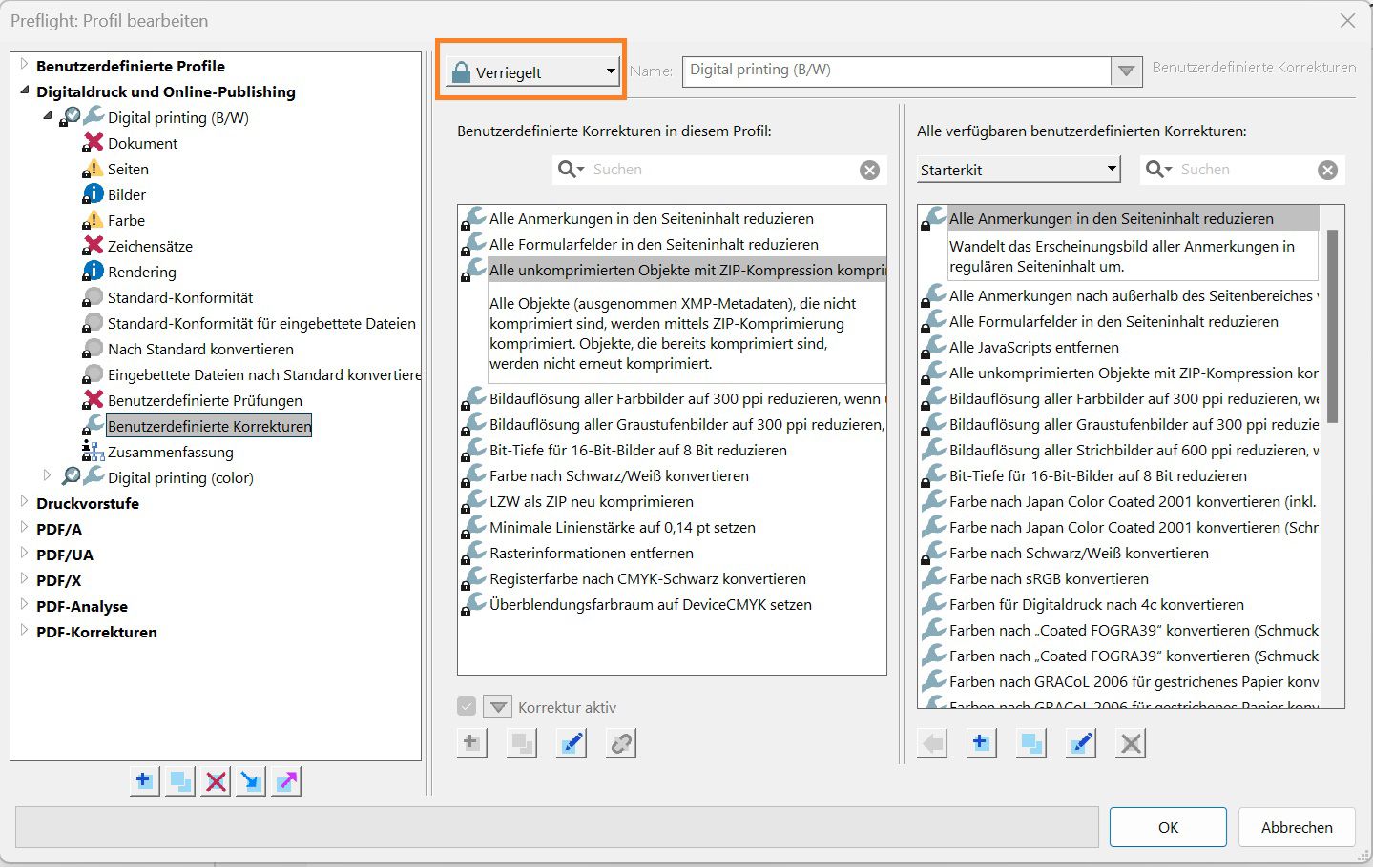 Das Preflight-Dialogfeld „Profil bearbeiten“ wird angezeigt