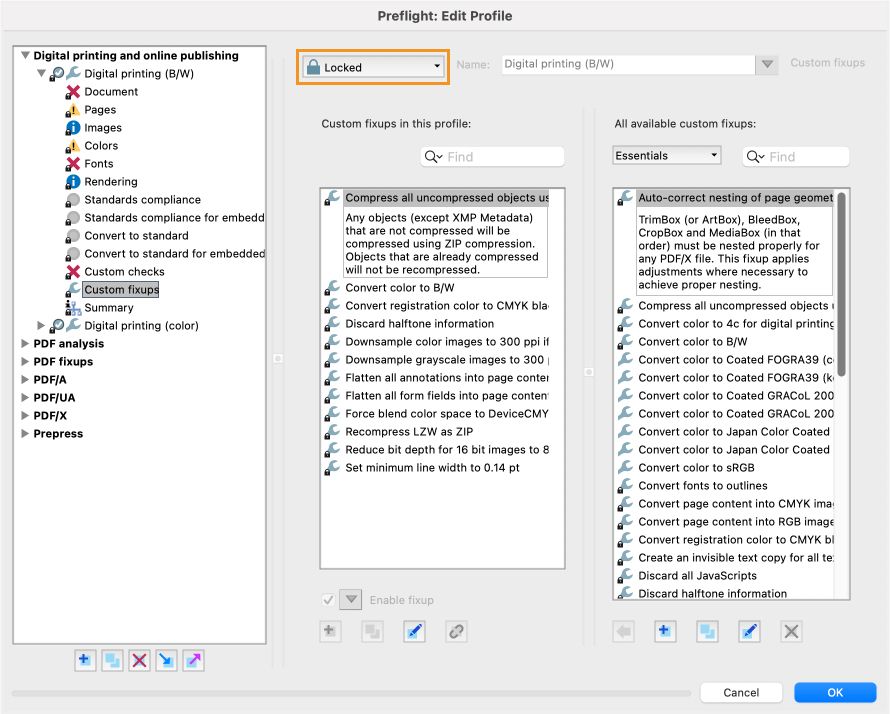 Prikaže se pogovorno Preverjanje pred tiskom za urejanje profila
