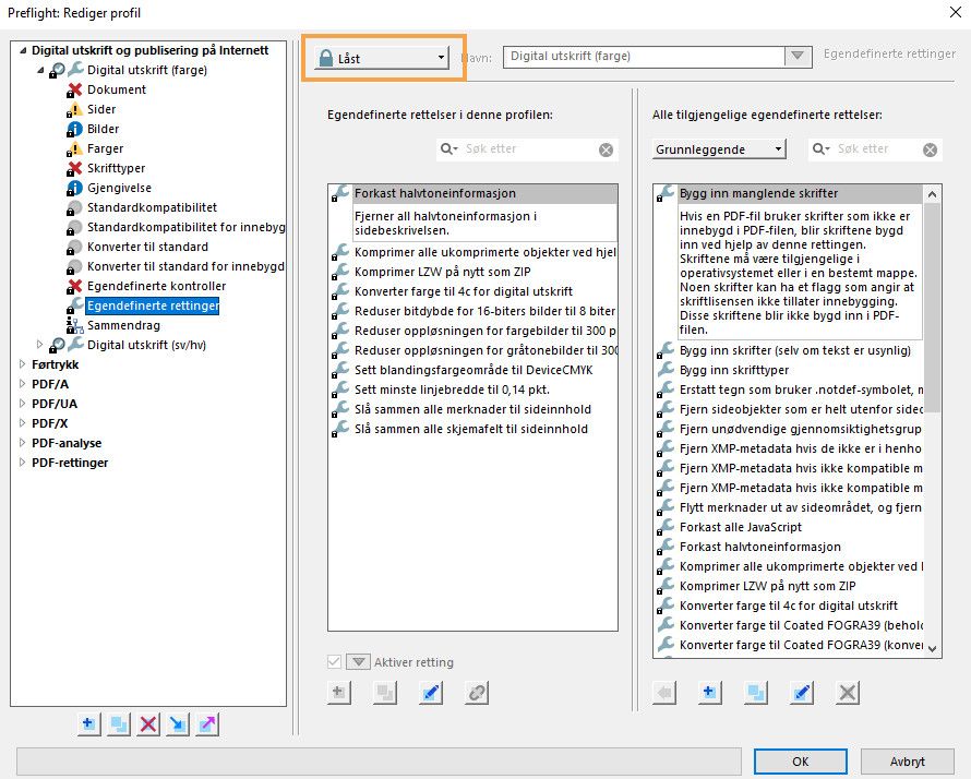 Preflight-dialogboksen for å redigere profil vises