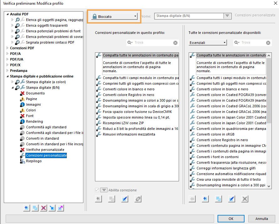 Viene visualizzata la finestra di dialogo Verifica preliminare per modificare il profilo