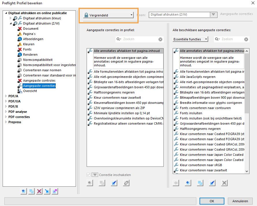 Het dialoogvenster Preflight om het profiel te bewerken wordt weergegeven