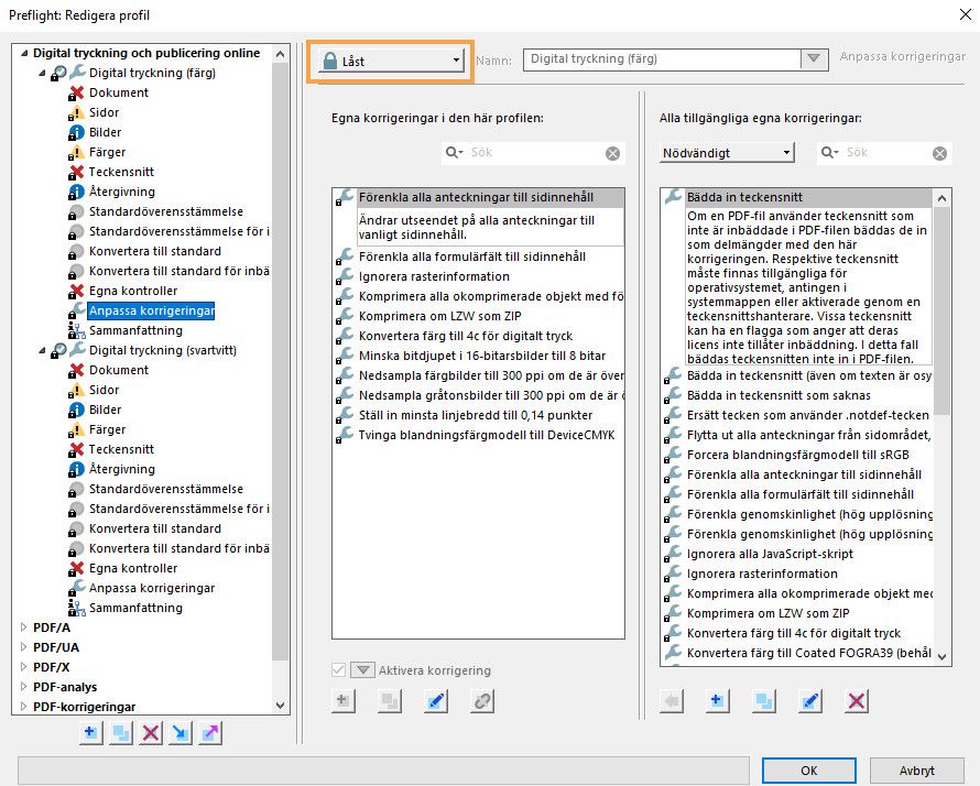 Dialogrutan Preflight för att redigera profil visas