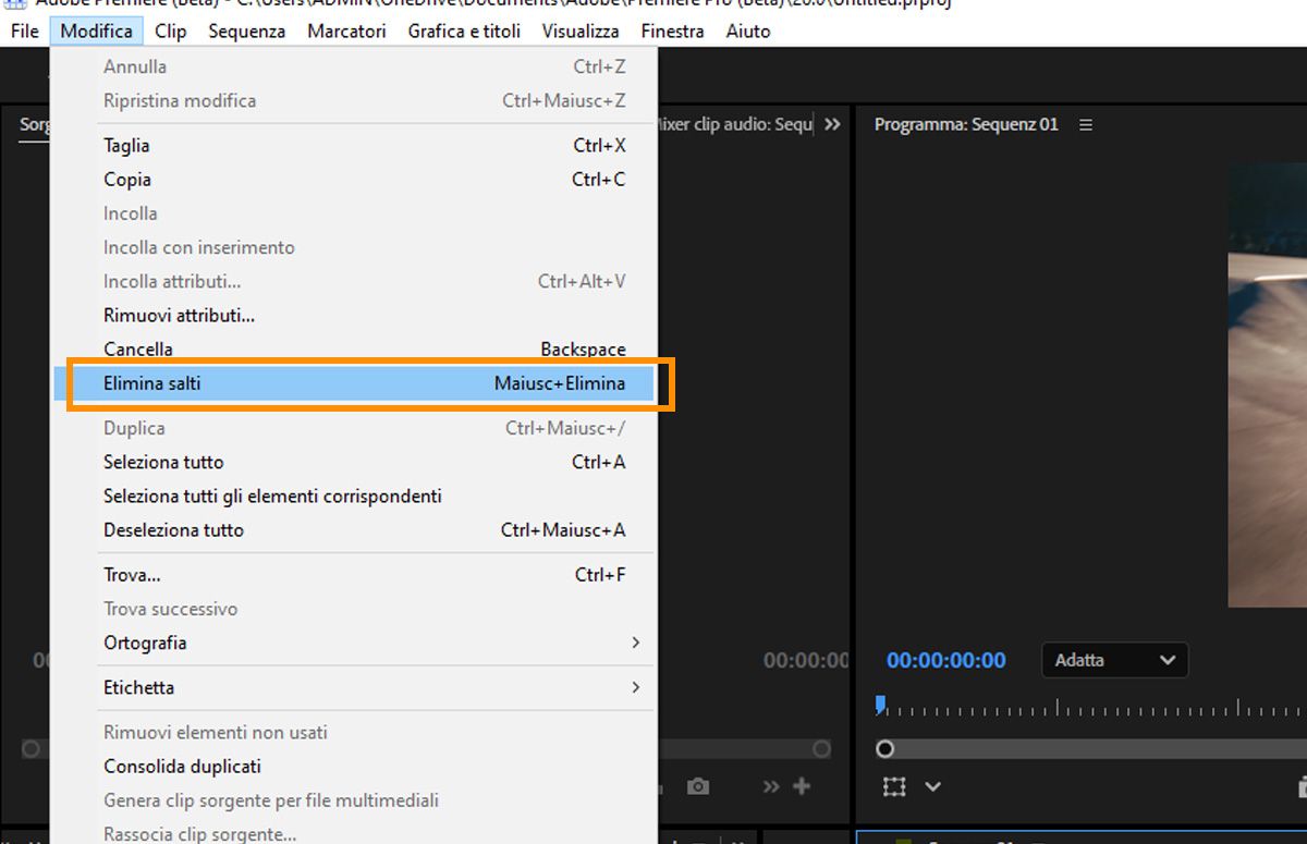 Menu Modifica di Premiere con Eliminazione ripple evidenziata per la clip selezionata.