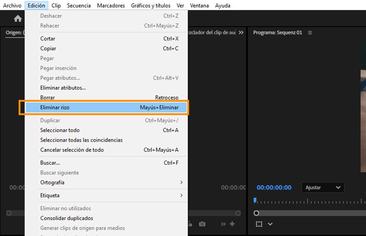 Menú Editar de Premiere con Eliminación ondulante resaltada para el clip seleccionado.