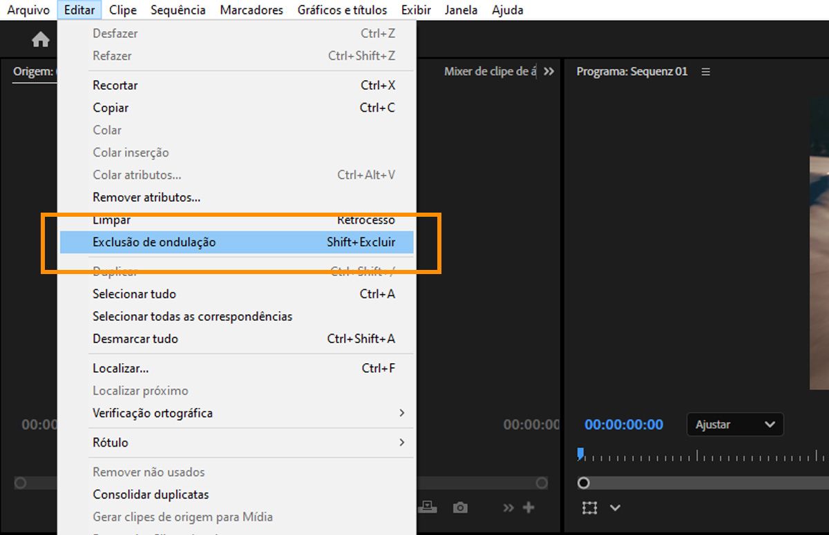 Menu Editar do Premiere com o Exclusão de Ondulação destacado para o clipe selecionado.