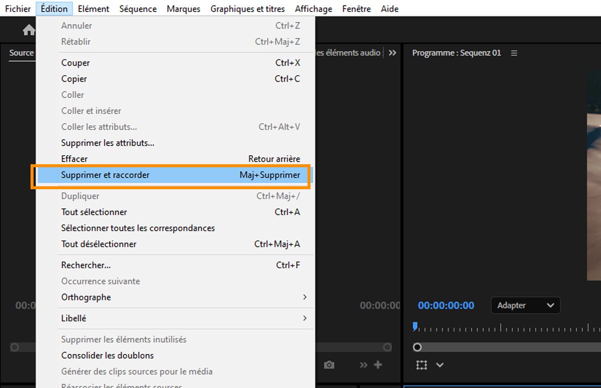 Le menu Édition de Premiere, avec la commande Suppression par propagation en surbrillance pour le clip sélectionné.