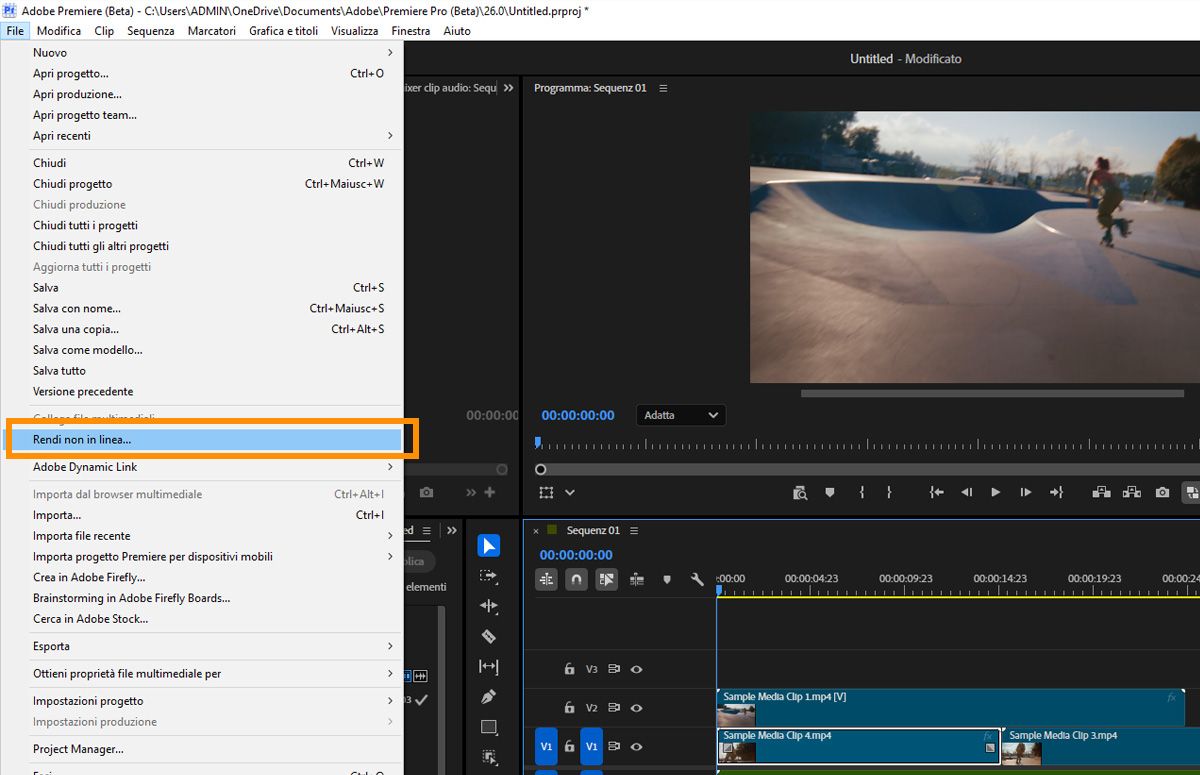 Menu File di Premiere con Rendi offline evidenziato per la clip media selezionata.