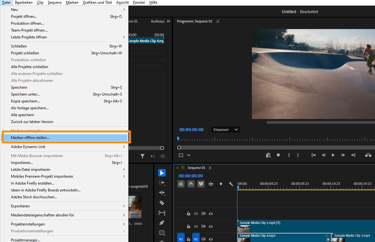 Das „Datei“-Menü in Premiere, in dem für den ausgewählten Medienclip die Option „Offline machen“ markiert ist.