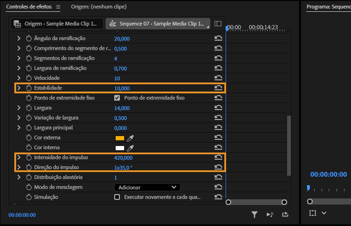 O painel “Controles do efeito” do Premiere Pro está aberto, realçando “Estabilidade”, “Força de atração” e “Direção de atração”. Outras configurações do efeito “Raio” estão expostas para ajuste, e um vídeo dramático de leão com o efeito de raio aparece no monitor de programa.