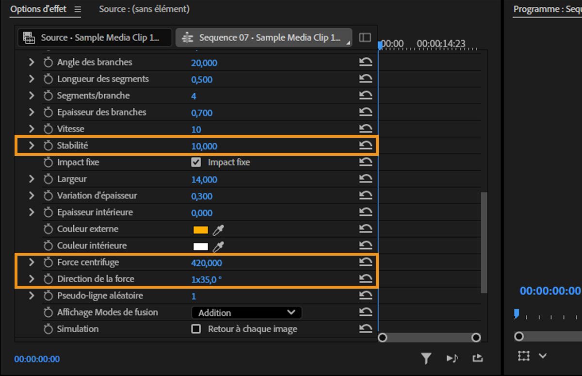 Le panneau Options d’effet de Premiere Pro est ouvert, avec la stabilité, la force centrifuge et la direction de la force mises en surbrillance.D’autres paramètres de l’effet Eclairs sont affichés à des fins de réglage et une icône de vidéo d’art dramatique avec l’effet Eclairs est présente dans le moniteur du programme.