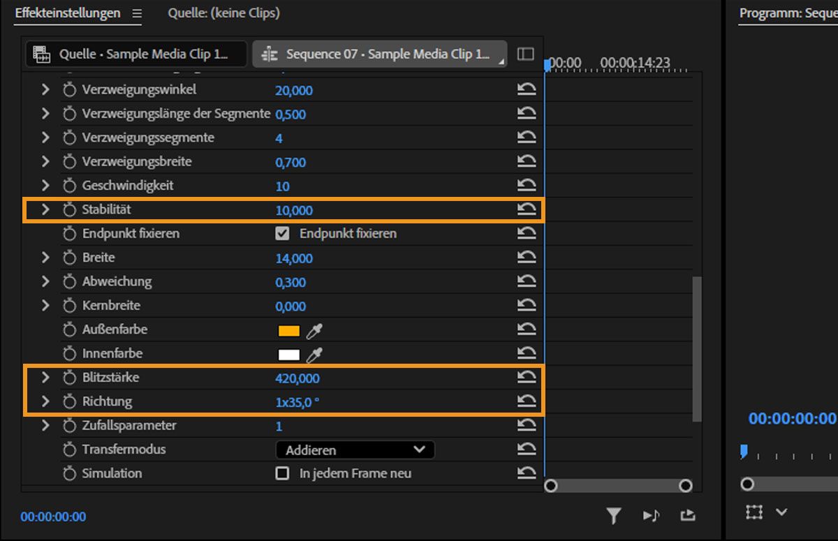 Das Bedienfeld „Effekteinstellungen“ von Premiere Pro ist geöffnet und zeigt die hervorgehobenen Optionen für Stabilität, Blitzstärke und Richtung.Weitere Einstellungen für den Blitzeffekt sind zur Anpassung verfügbar, und im Programmmonitor ist ein dramatisches Löwenvideo mit Blitzeffekt zu sehen.