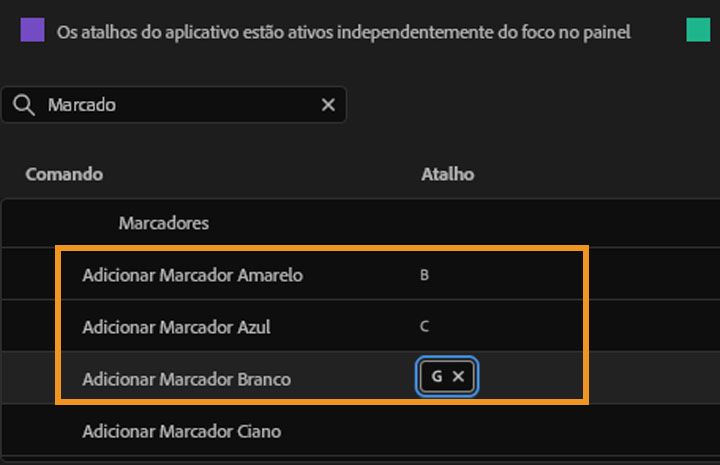 Interface do Premiere Pro mostrando a janela de atalhos de teclado com opções de cores de marcador destacadas